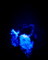A person’s head with dark hair and blue feathers in dark blue light, against a dark background.